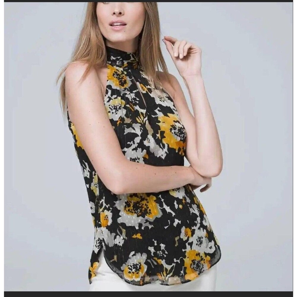 White House Black Market Black Floral High Neck Sleeveless Top Womens 4 NWT